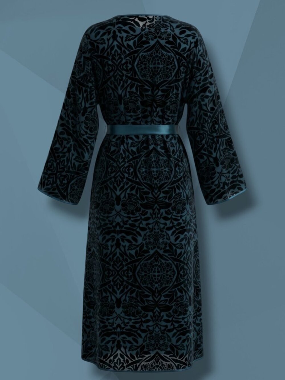 Playful Promises Fuller Bust Navy Sheer Velvet Leaf Kimono Maxi Robe Size 20 - Picture 3 of 4